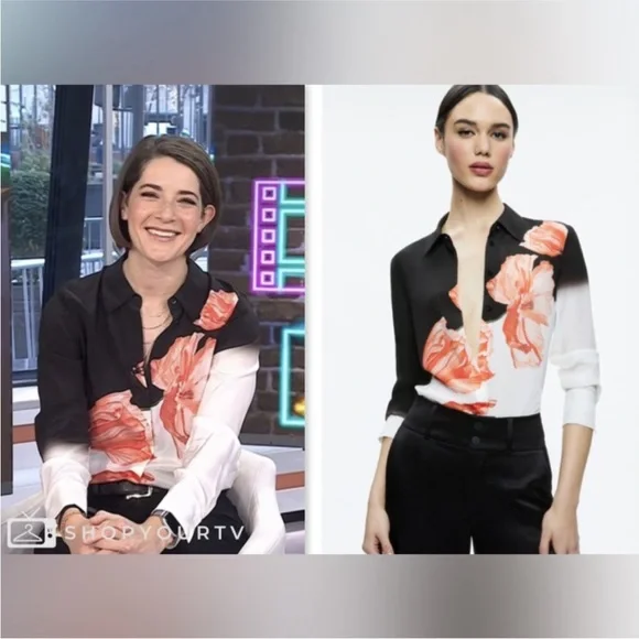 Alice + Olivia Brady Floral Slim Fit Silk Button-Up Shirt size M - Picture 6 of 10